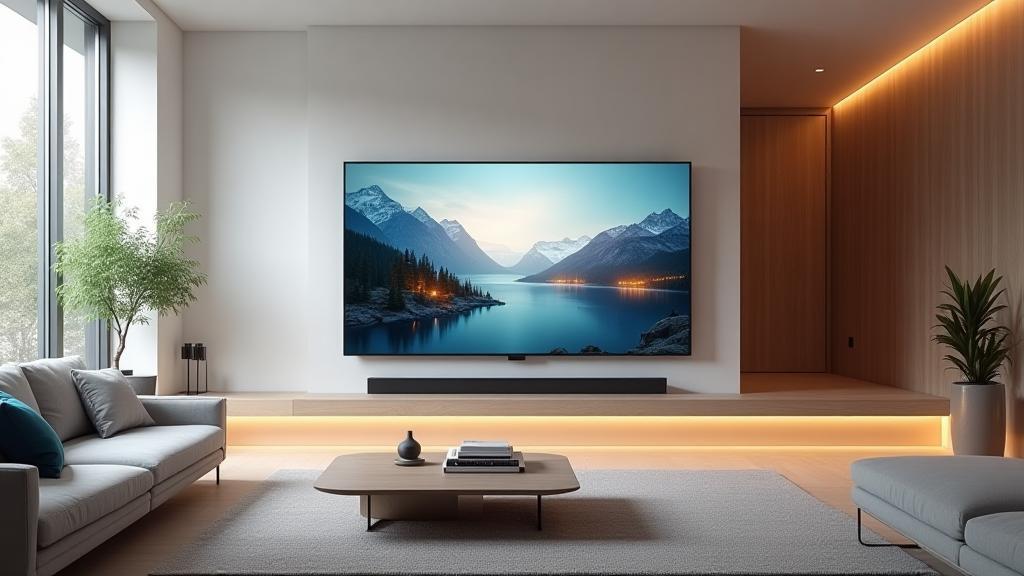 Modern living room with LuminaStream Smart TV displaying vibrant content
